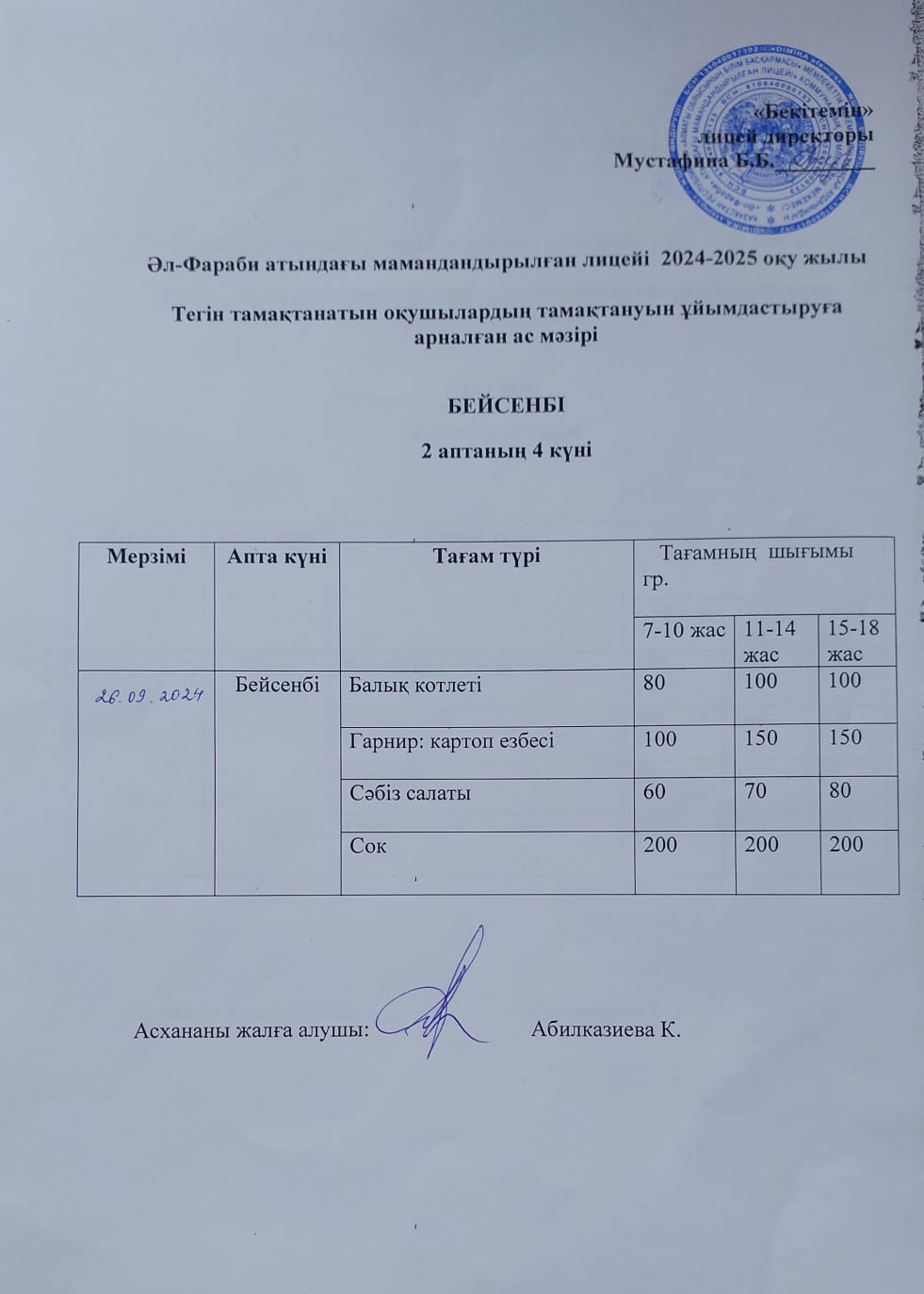 Меню бейсенбі (2-апта)