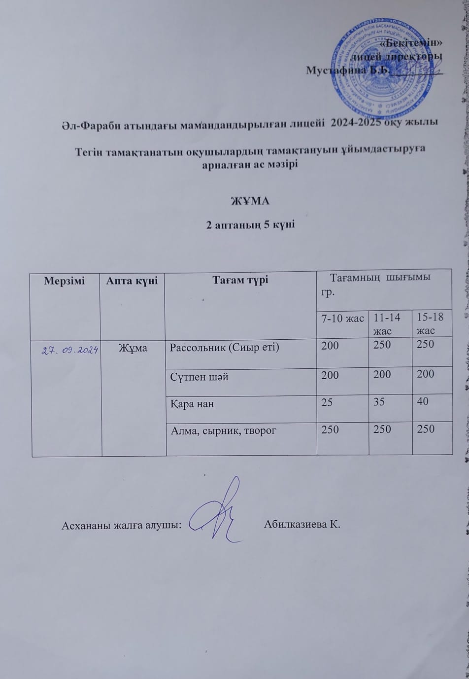 Меню жұма (2-апта)